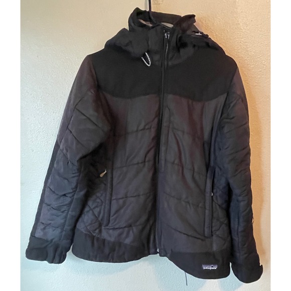 Patagonia Women's Medium Puffer Jacket Full Zip Hooded Quilted Black Coat - Picture 1 of 11